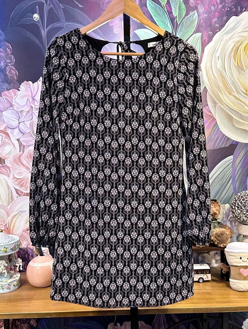 Speechless XS Black Medallion Print Dress Boho Paisley Keyhole Long Sleeve Mini